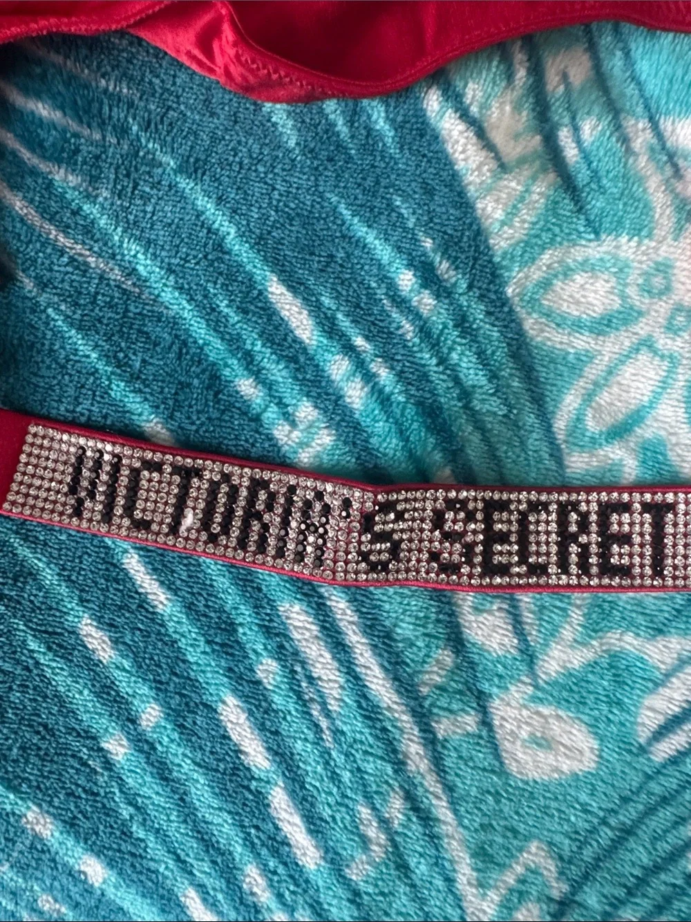 Victoria's Secret Red Satin Thong with Rhinestone Logo Bands